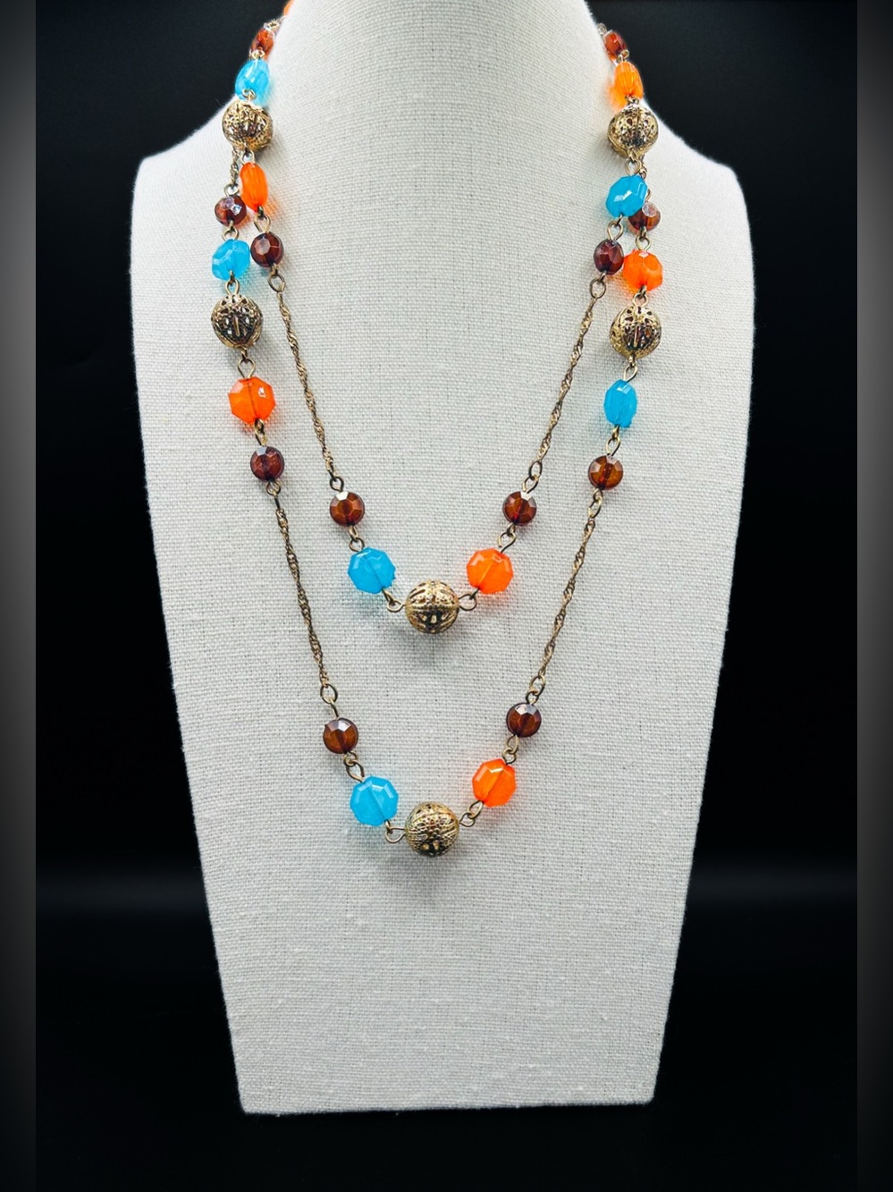 Vintage 1960s Mod Long Strand Necklace, 40 Inch Endless Brass Filigree Beads